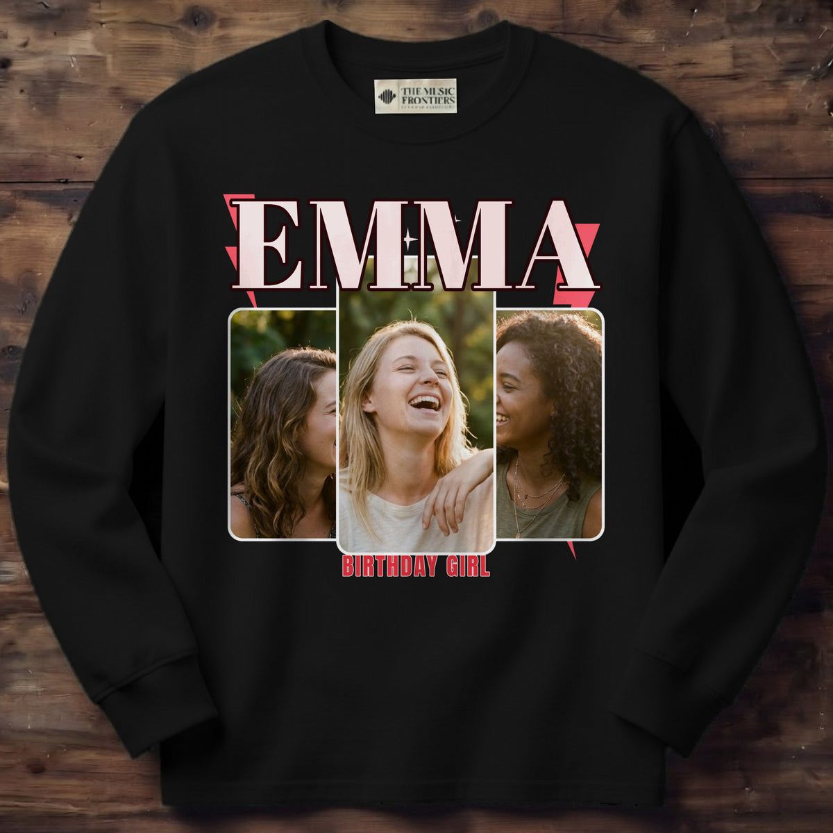 Black long sleeve shirt with the personalized Bootleg Photo design