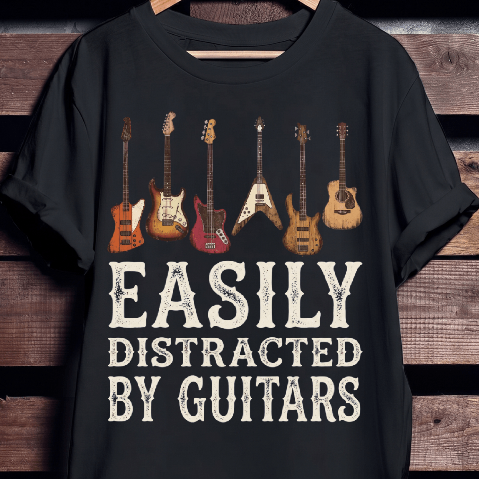 Easily Distracted By Guitars T-shirt - Vintage Retro Musician Tee - The Music Frontiers
