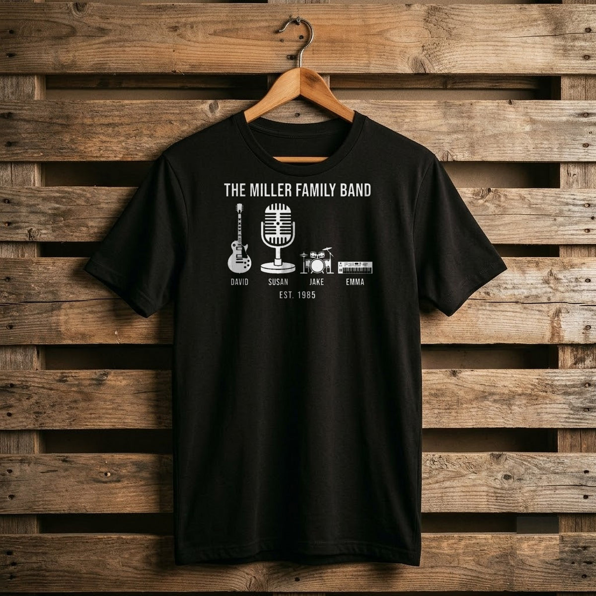 Black Family Band shirt with family members playing instruments and their names