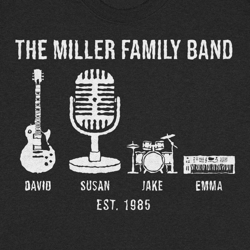 Family Band Personalized Shirt, Custom Matching Family Tee - Close-up of the print on the black shirt