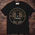 Black t-shirt with the personalized Founding Father of Rock Dad Badge design