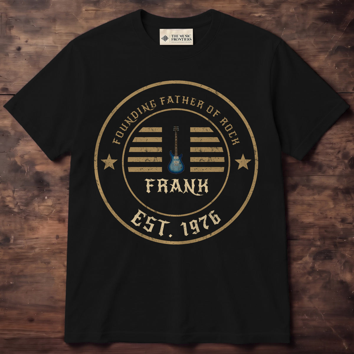 Black t-shirt with the personalized Founding Father of Rock Dad Badge design