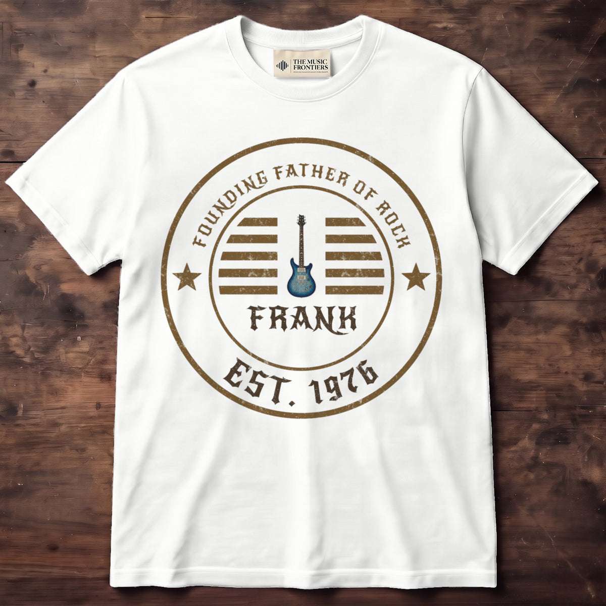 White t-shirt with the personalized Founding Father of Rock Dad Badge design