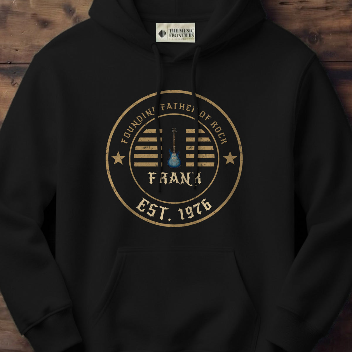 Black hoodie with the personalized Founding Father of Rock Dad Badge design