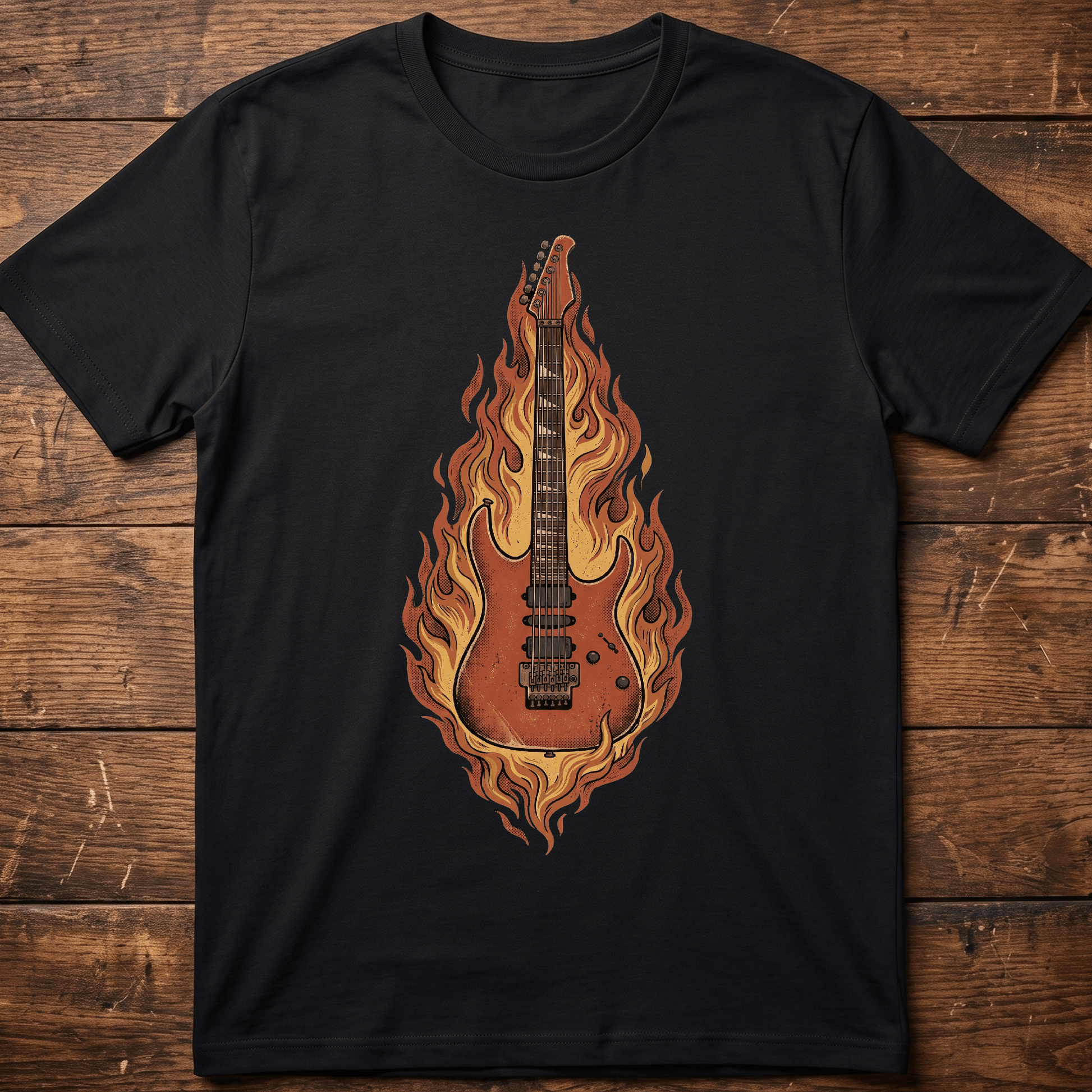 Flaming Electric Guitar T-Shirt - Vintage Rockstar Graphic Tee - The Music Frontiers