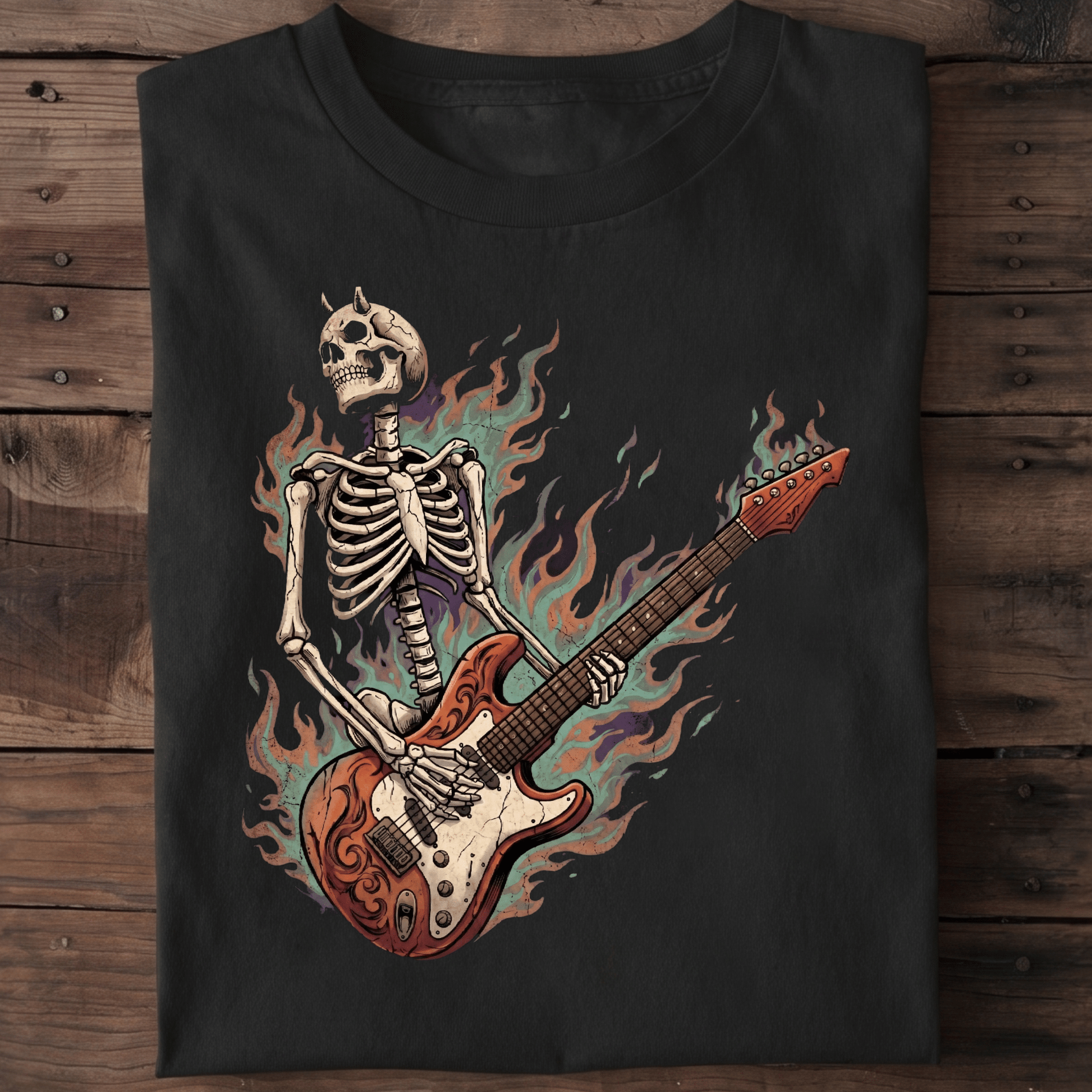 Flaming Horned Skeleton Guitarist Tee - The Music Frontiers