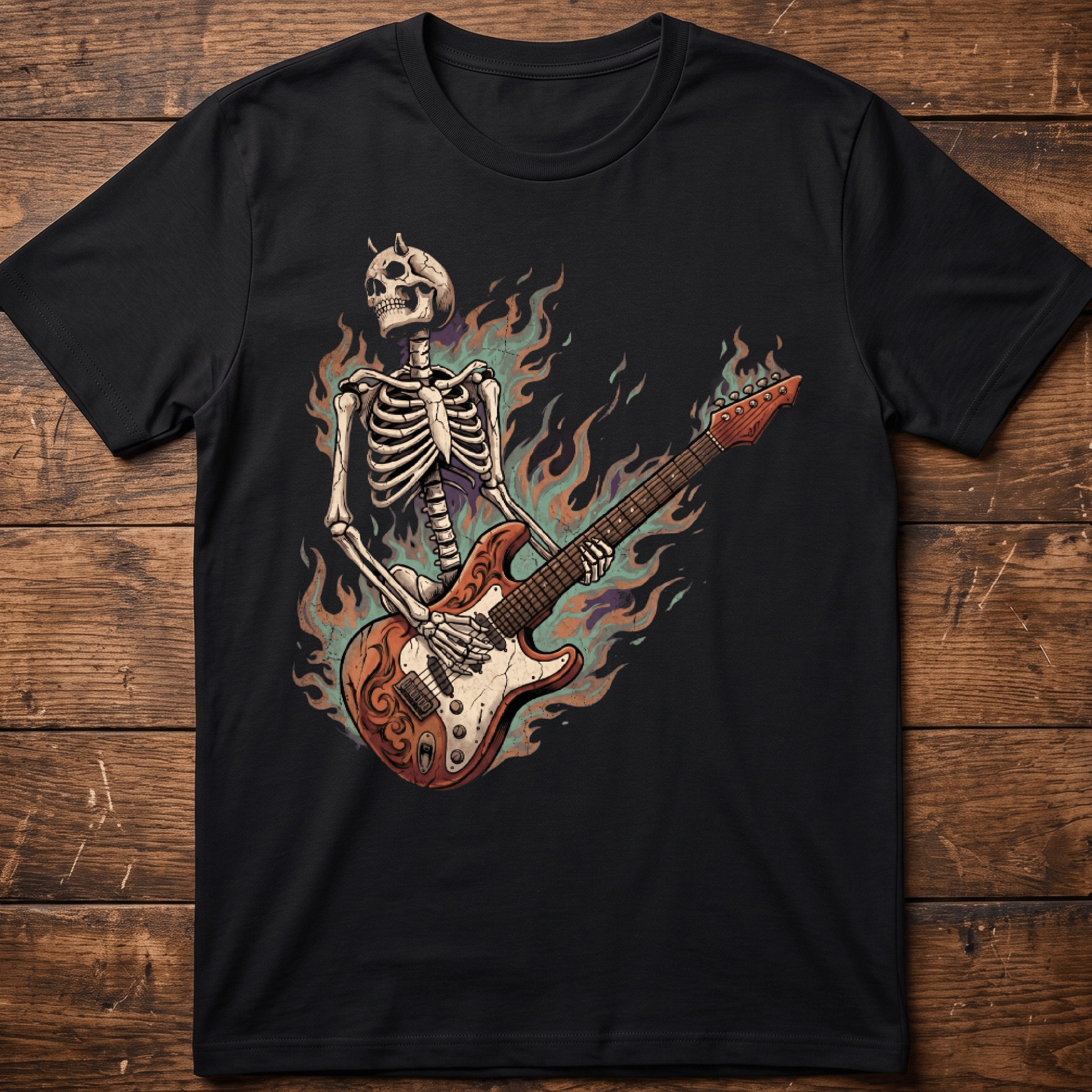 Flaming Horned Skeleton Guitarist Tee - The Music Frontiers