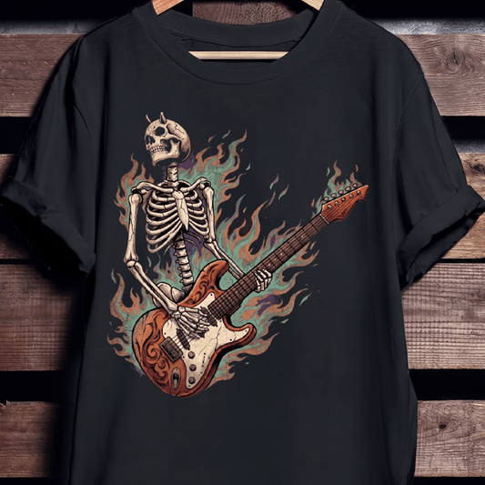 Flaming Horned Skeleton Guitarist Tee - The Music Frontiers