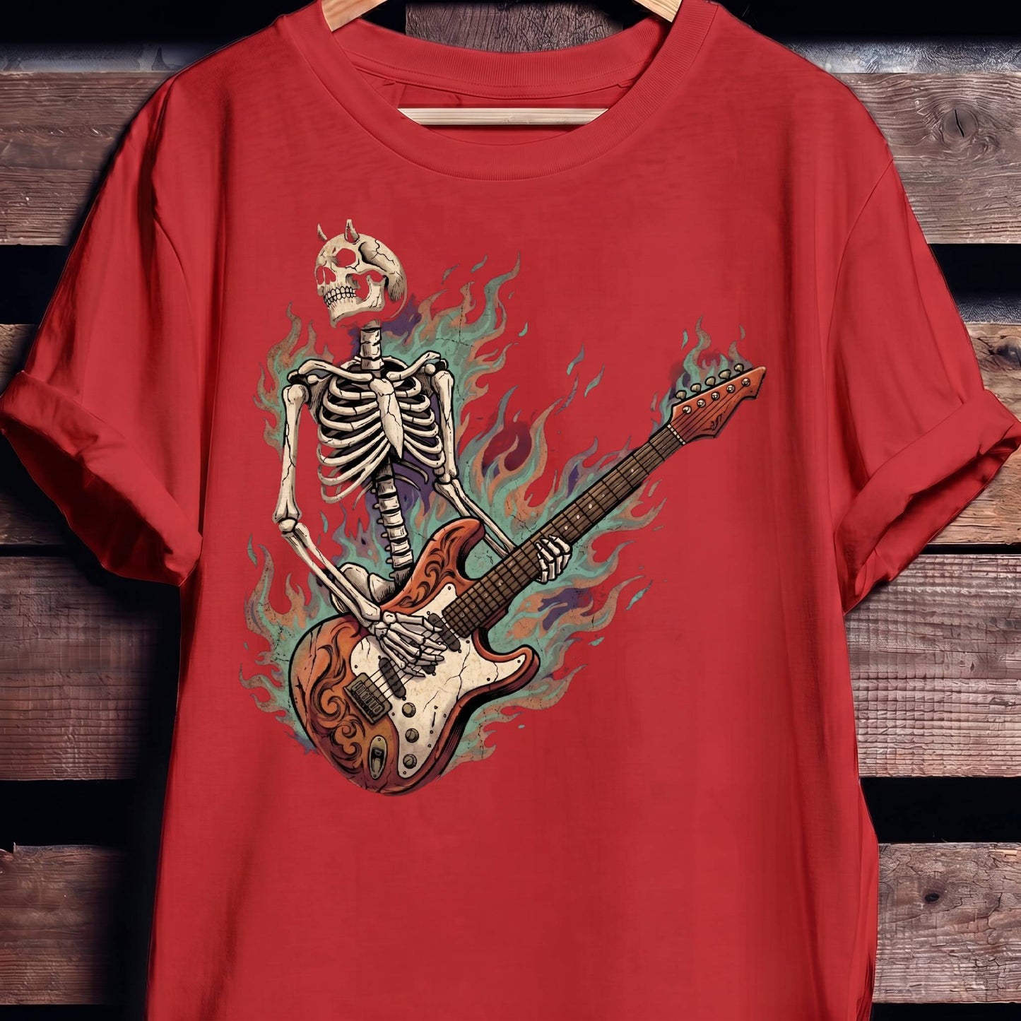 Flaming Horned Skeleton Guitarist Tee
