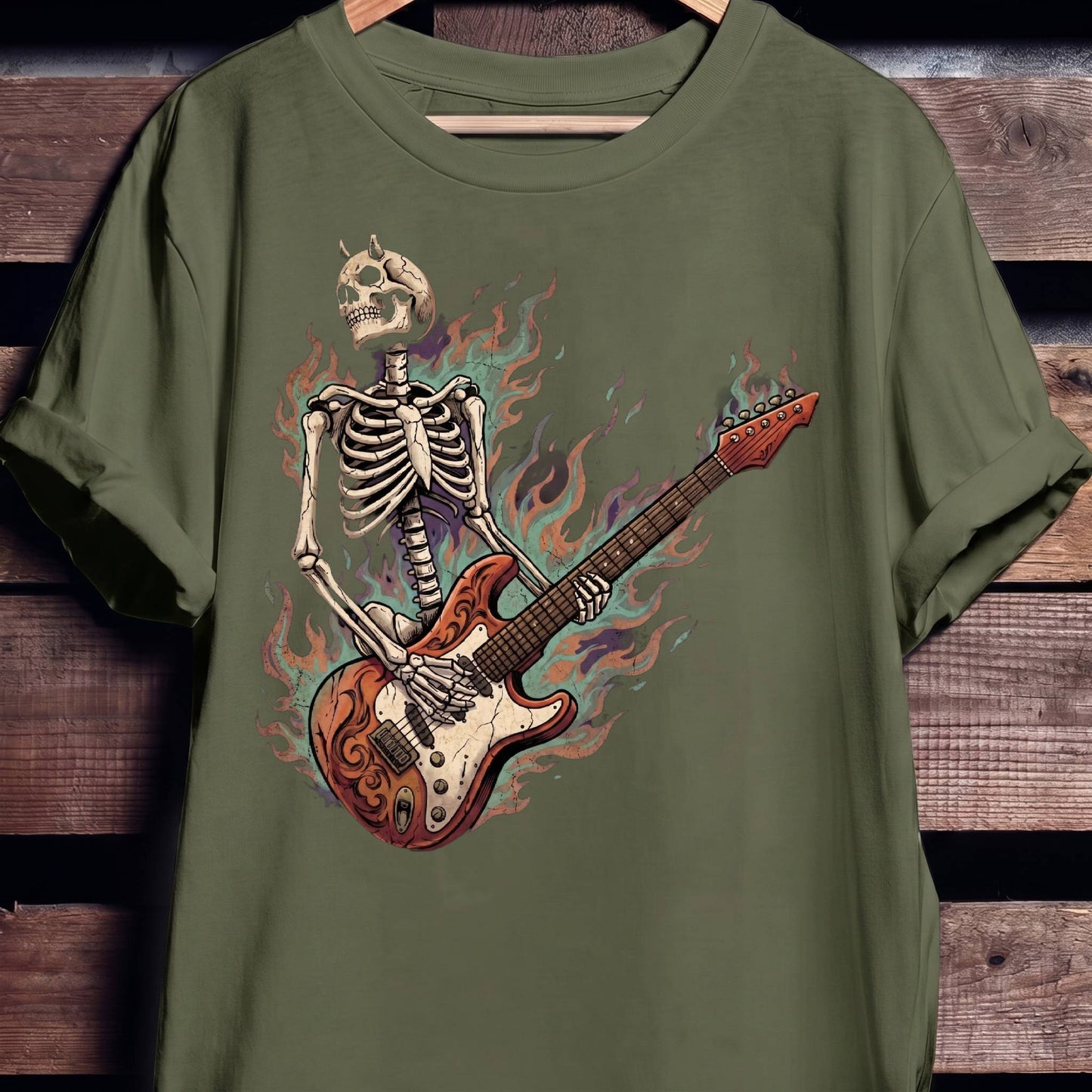 Flaming Horned Skeleton Guitarist Tee