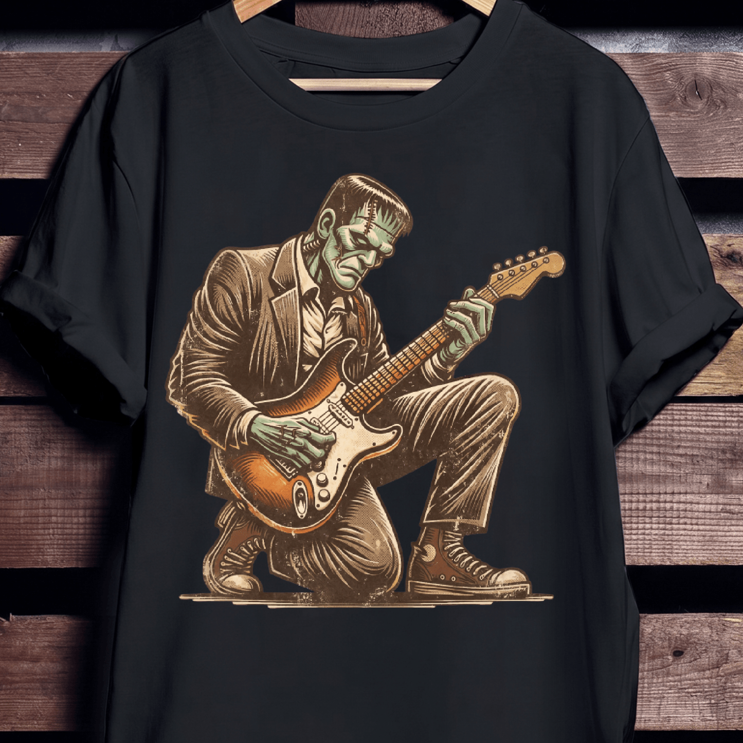 Frankenstein Monster Playing Electric Guitar T-Shirt - The Music Frontiers