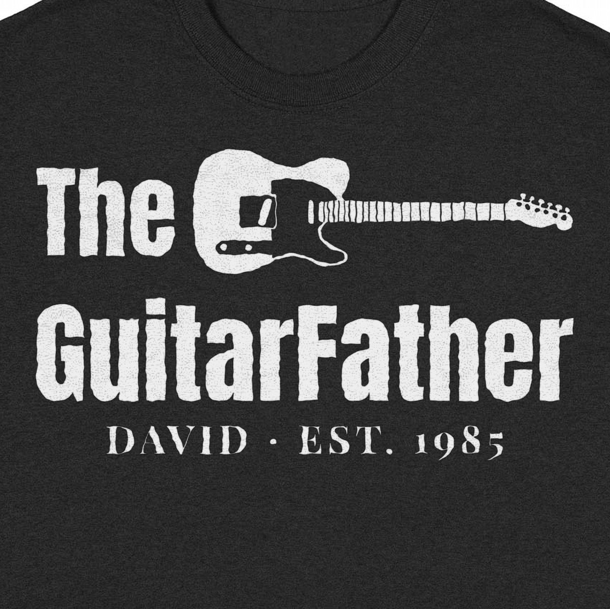 The GuitarFather Personalized Shirt – Pick His Instrument - close-up of the print on the black shirt