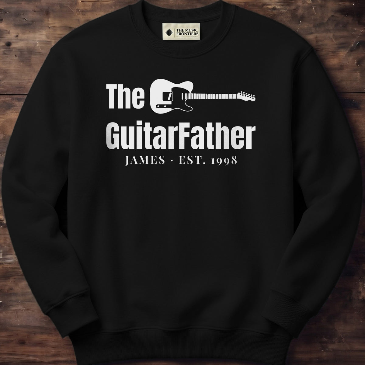Black sweatshirt with the personalized The GuitarFather design