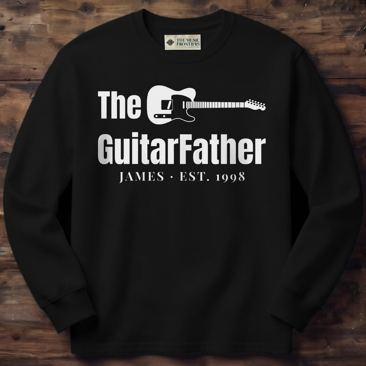 Black long sleeve shirt with the personalized The GuitarFather design