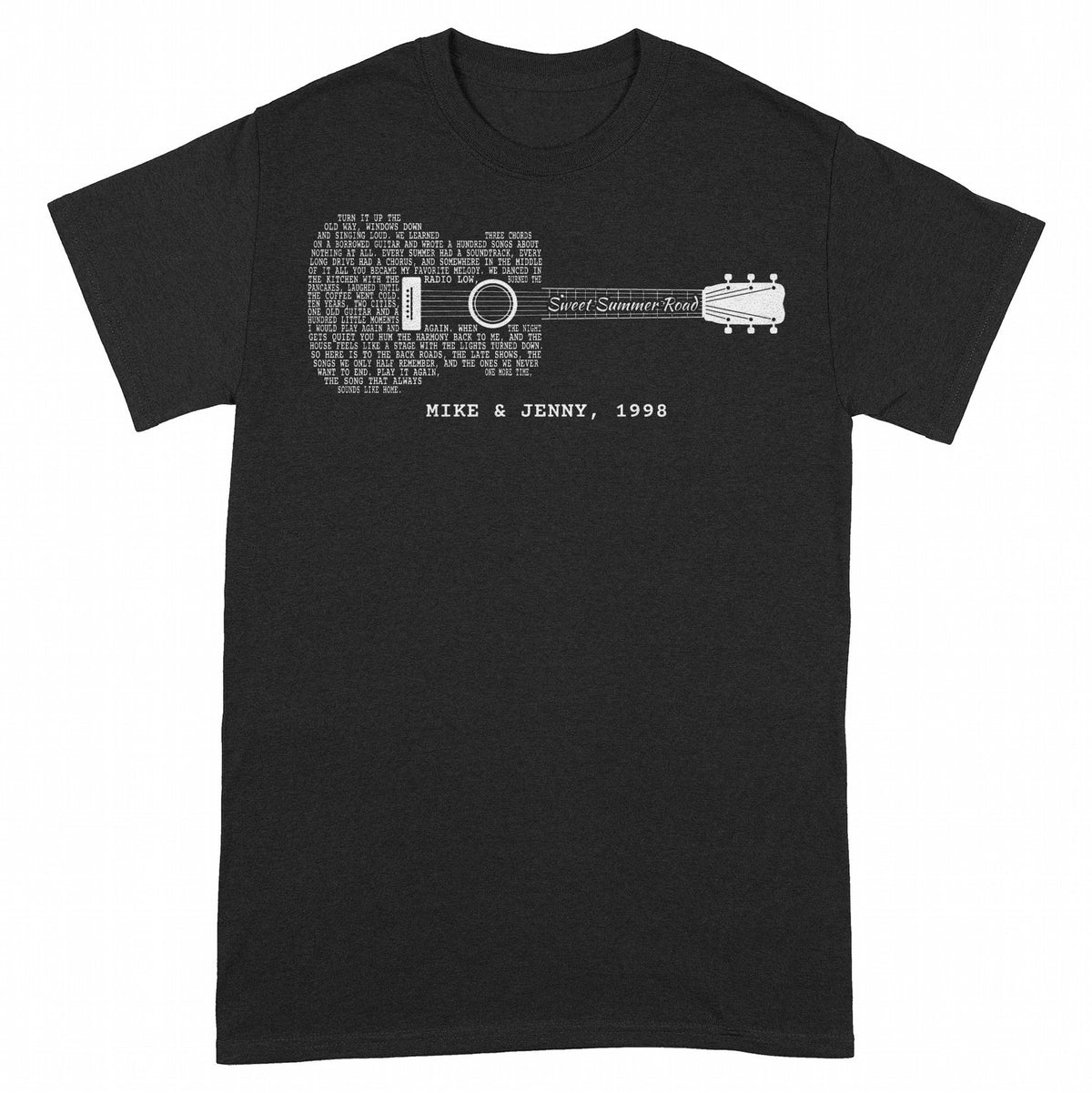 Song Lyrics Guitar Shirt – Your Song Title & Lyrics in a Guitar - Black classic tee, front