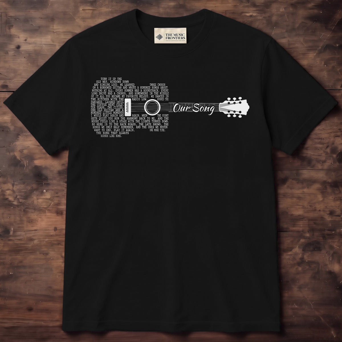 Black t-shirt with the personalized Song Lyrics Guitar design