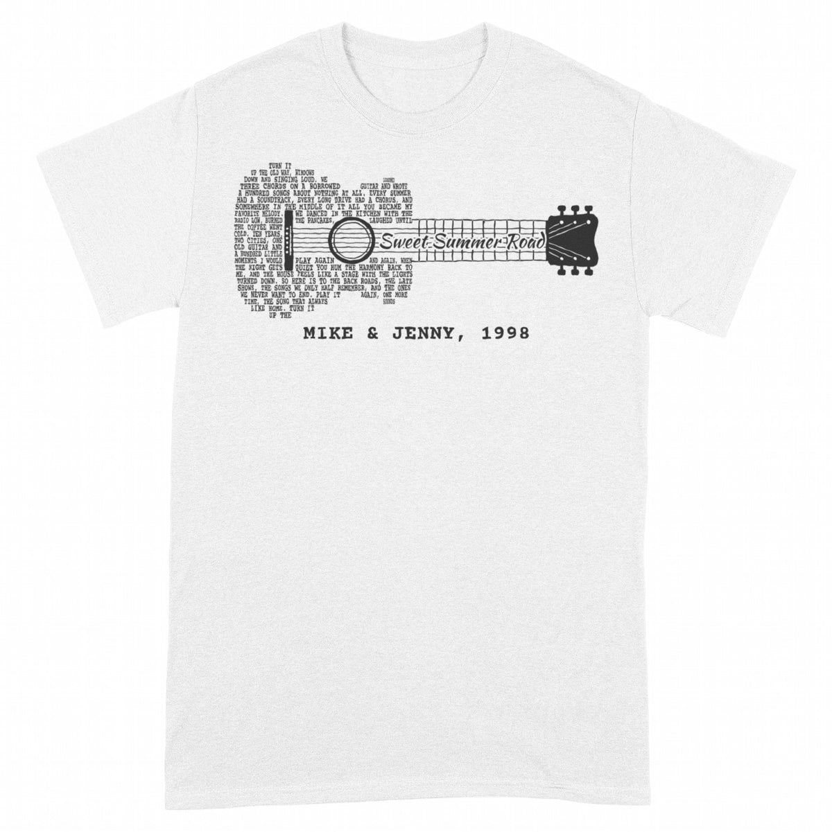 Song Lyrics Guitar Shirt – Your Song Title & Lyrics in a Guitar - White classic tee, front