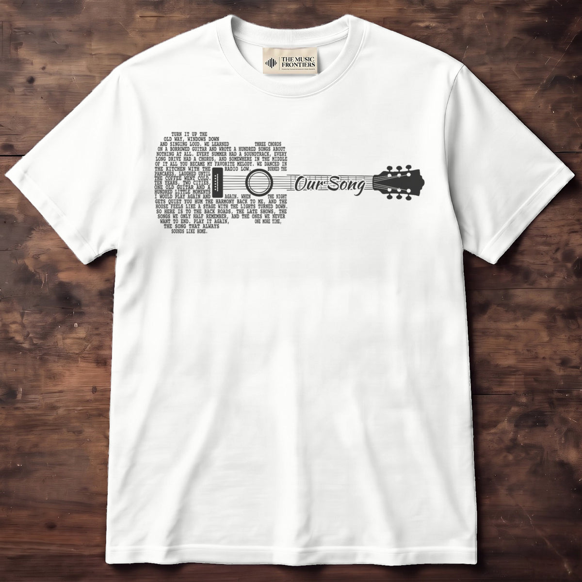 White t-shirt with the personalized Song Lyrics Guitar design