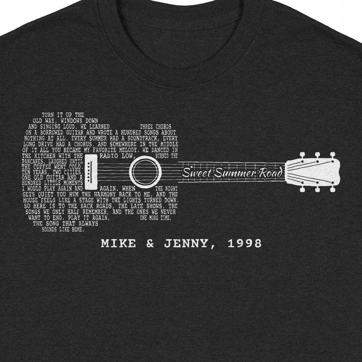 Song Lyrics Guitar Shirt – Your Song Title & Lyrics in a Guitar - close-up of the print on the black shirt
