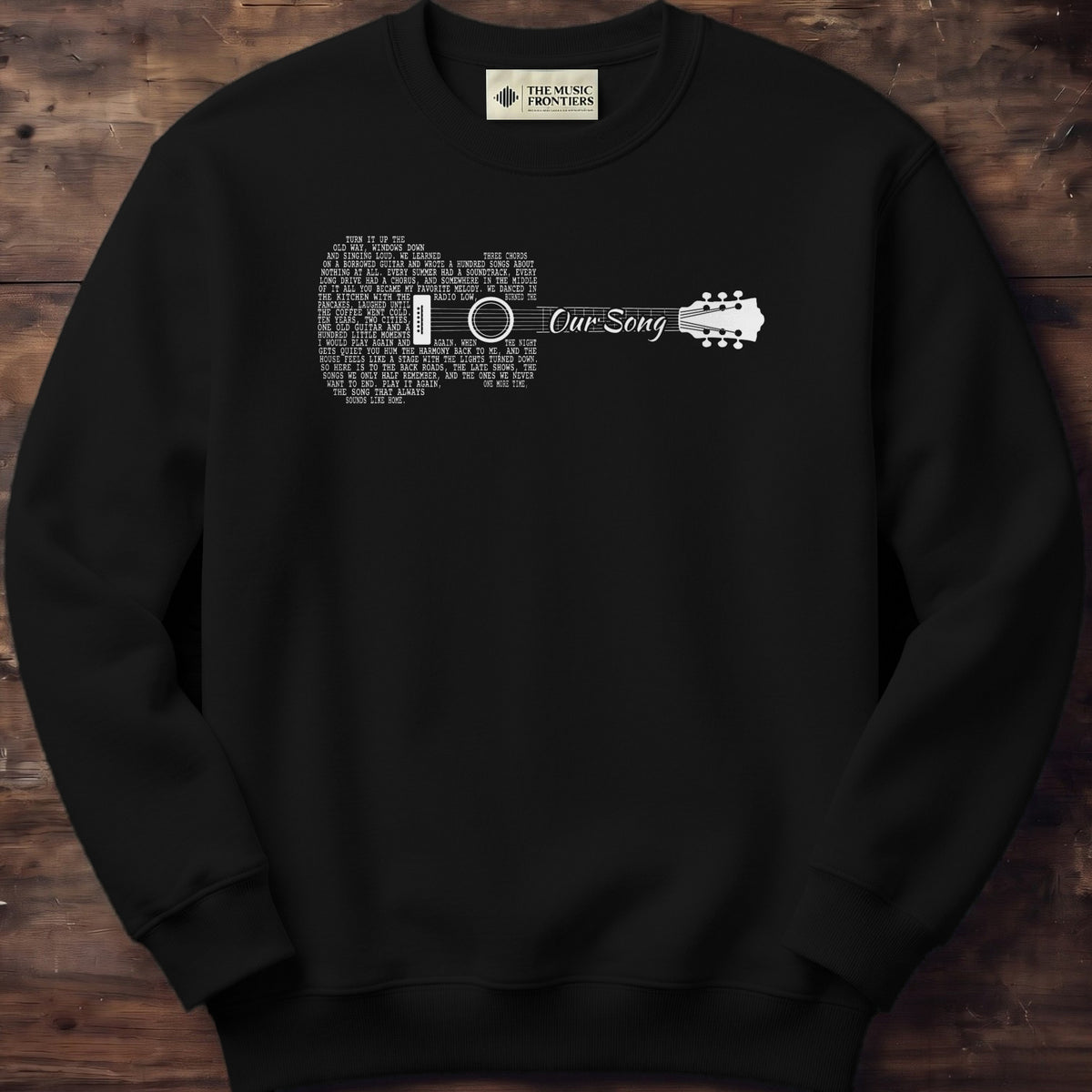 Black sweatshirt with the personalized Song Lyrics Guitar design