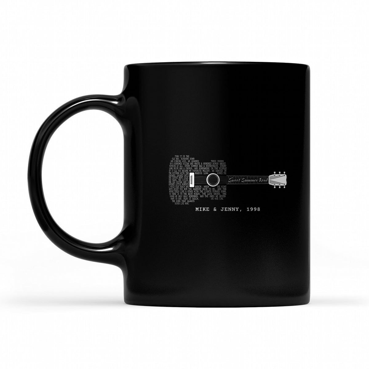 Song Lyrics Guitar Shirt – Your Song Title & Lyrics in a Guitar - matching black mug
