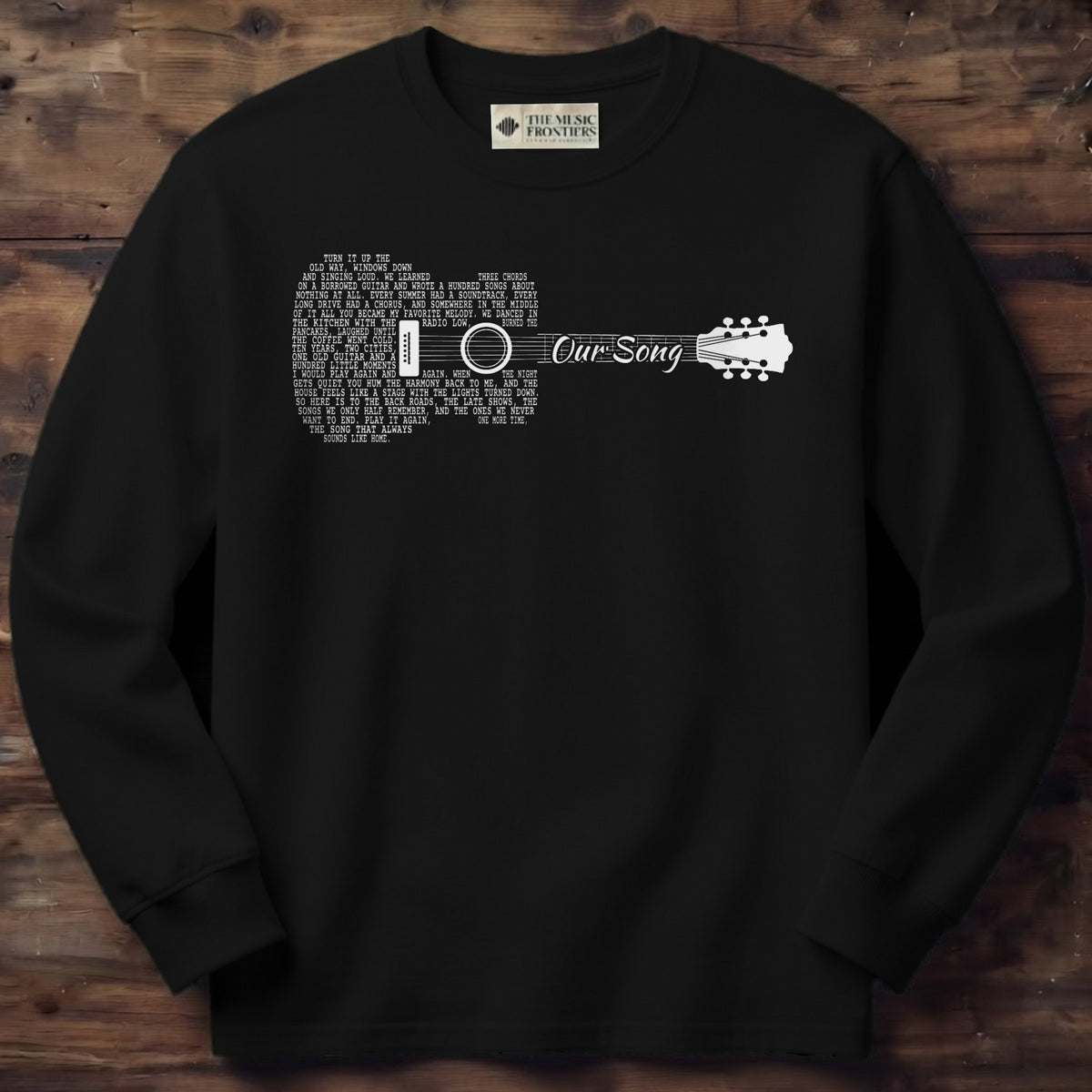 Black long sleeve shirt with the personalized Song Lyrics Guitar design