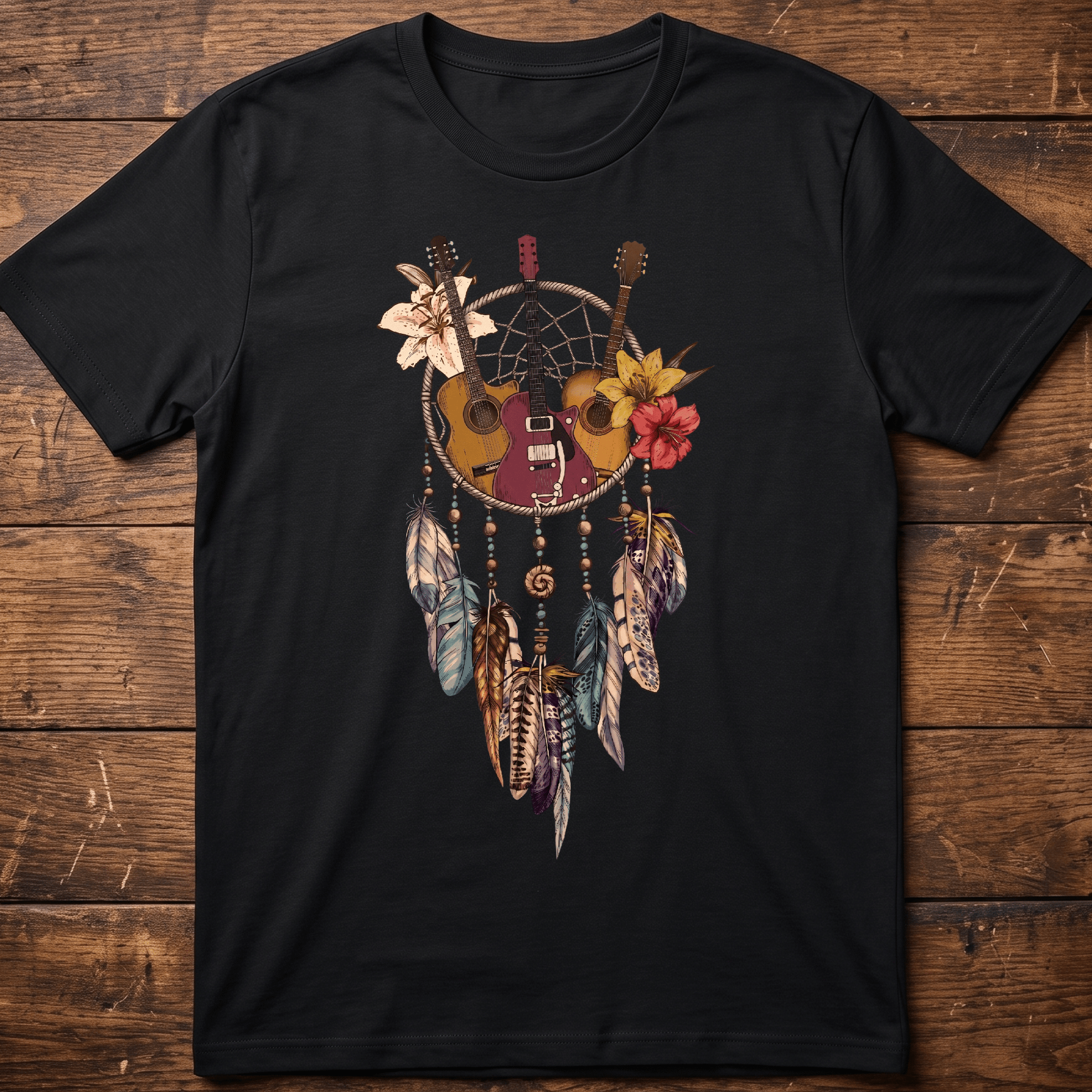Guitar Dreamcatcher Boho T-shirt - Floral Feather Music Tee - The Music Frontiers