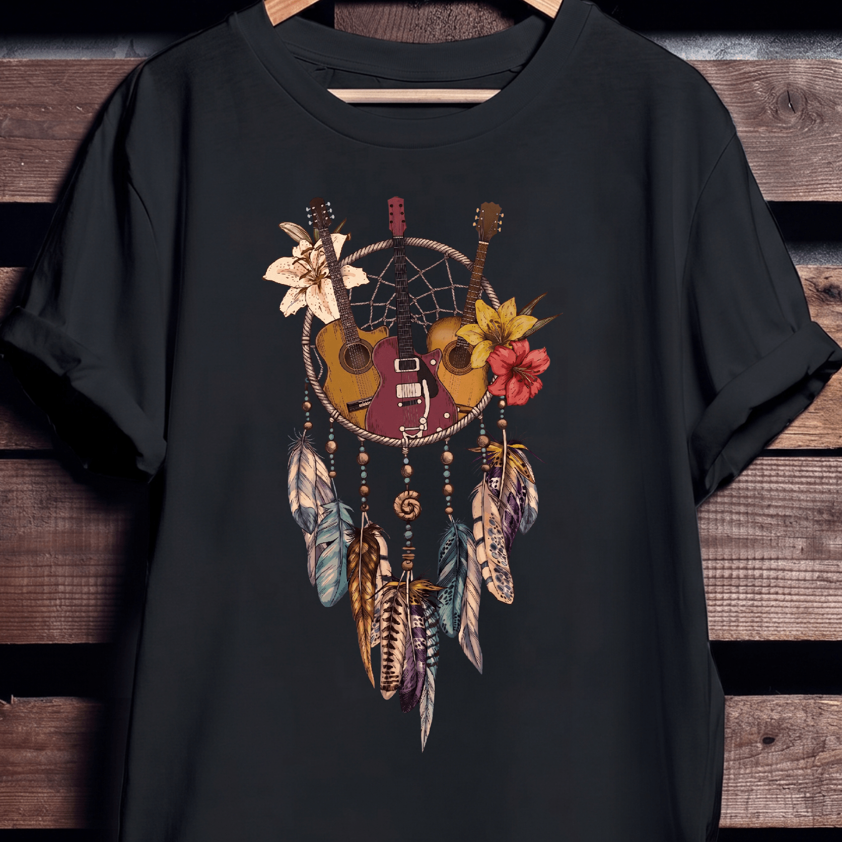 Guitar Dreamcatcher Boho T-shirt - Floral Feather Music Tee - The Music Frontiers
