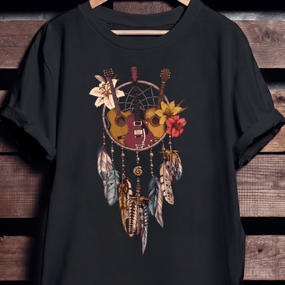 Guitar Dreamcatcher Boho T-shirt - Floral Feather Music Tee - The Music Frontiers