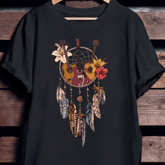 Guitar Dreamcatcher Boho T-shirt - Floral Feather Music Tee - The Music Frontiers
