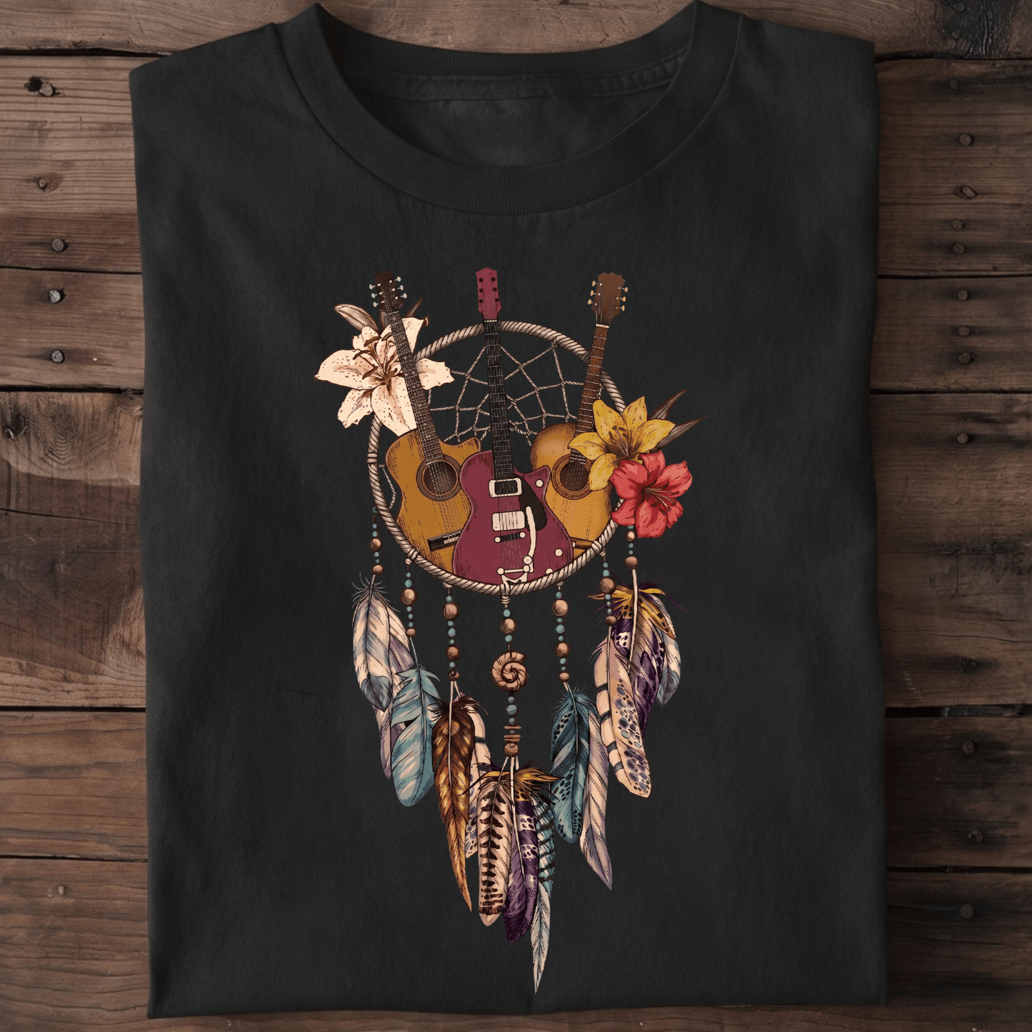Guitar Dreamcatcher Boho T-shirt - Floral Feather Music Tee - The Music Frontiers
