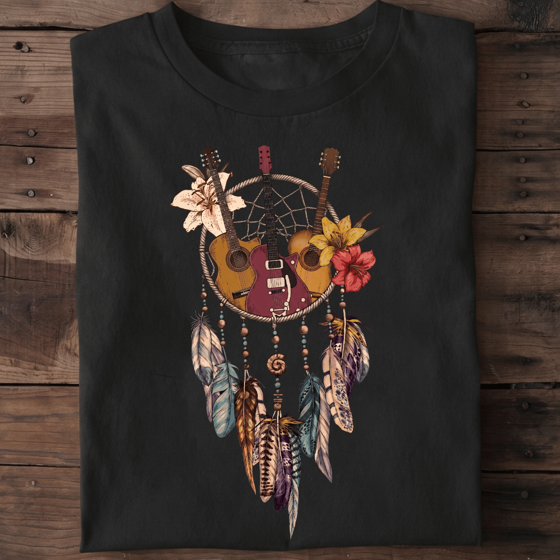 Guitar Dreamcatcher Boho T-shirt - Floral Feather Music Tee - The Music Frontiers