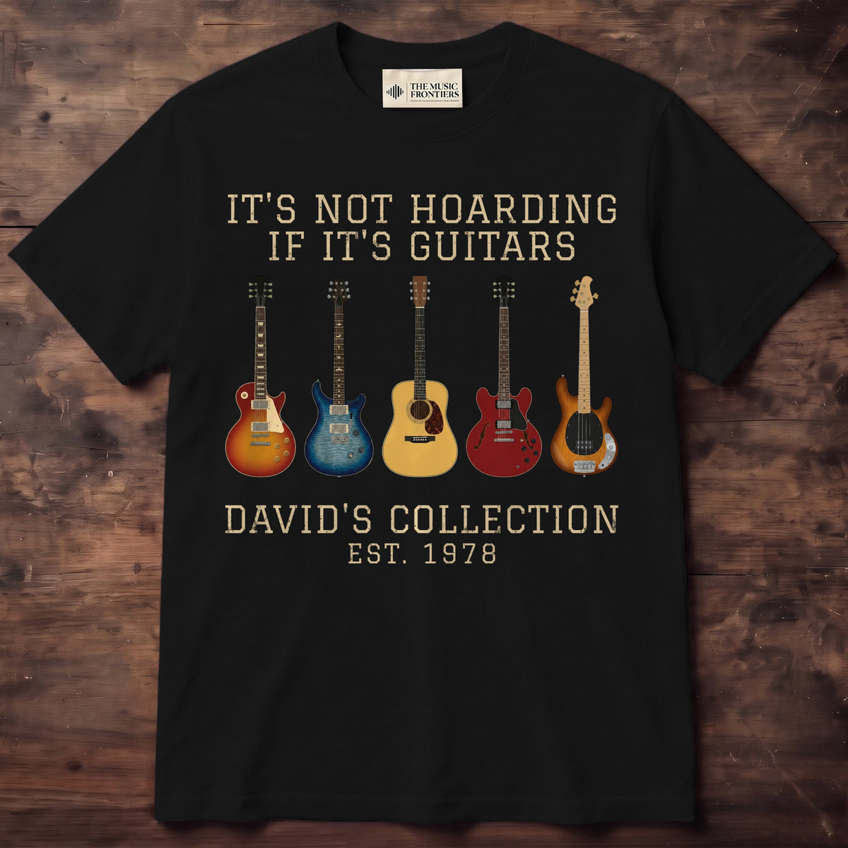 Black t-shirt with the personalized It's Not Hoarding If It's Guitars Collection design