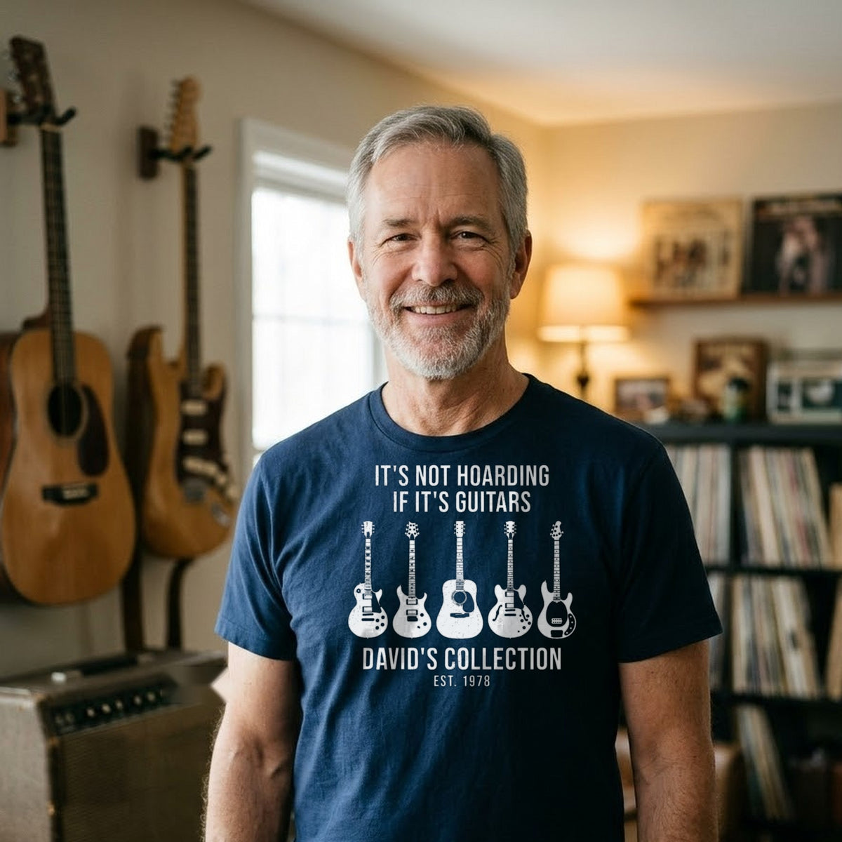 It's Not Hoarding If It's Guitars Personalized Collection Shirt - man wearing the navy T-shirt
