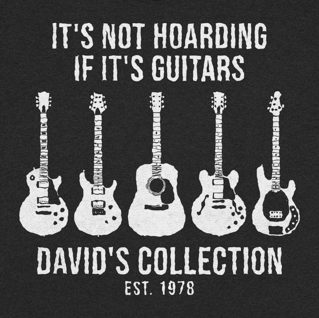 It's Not Hoarding If It's Guitars Personalized Collection Shirt - Close-up of the print on the black shirt