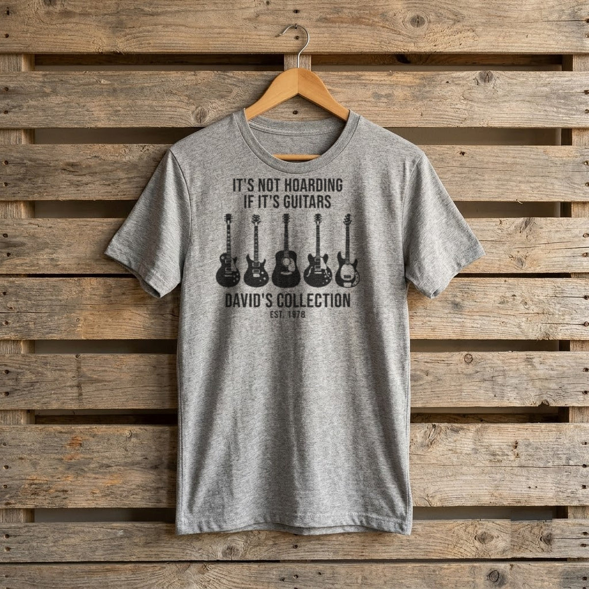 It's Not Hoarding If It's Guitars Personalized Collection Shirt - Sport Grey T-shirt on a hanger