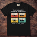 Black Comfort Colors t-shirt with the personalized Family Mixtape Cassette with Names design