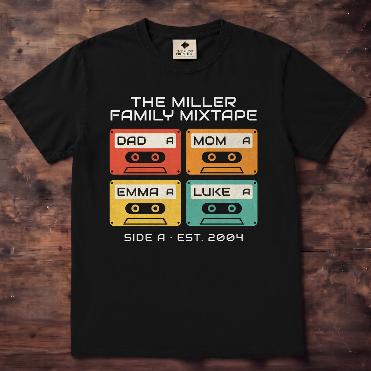 Black Comfort Colors t-shirt with the personalized Family Mixtape Cassette with Names design