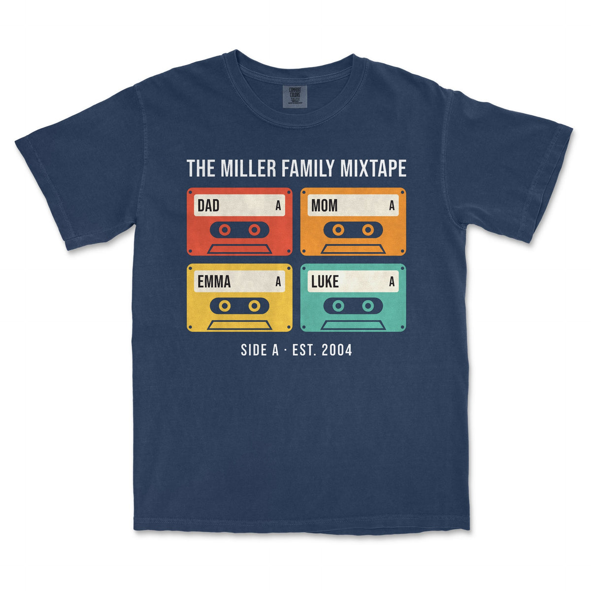 Family Mixtape Personalized Cassette Shirt with Names - Navy garment-dyed tee, front