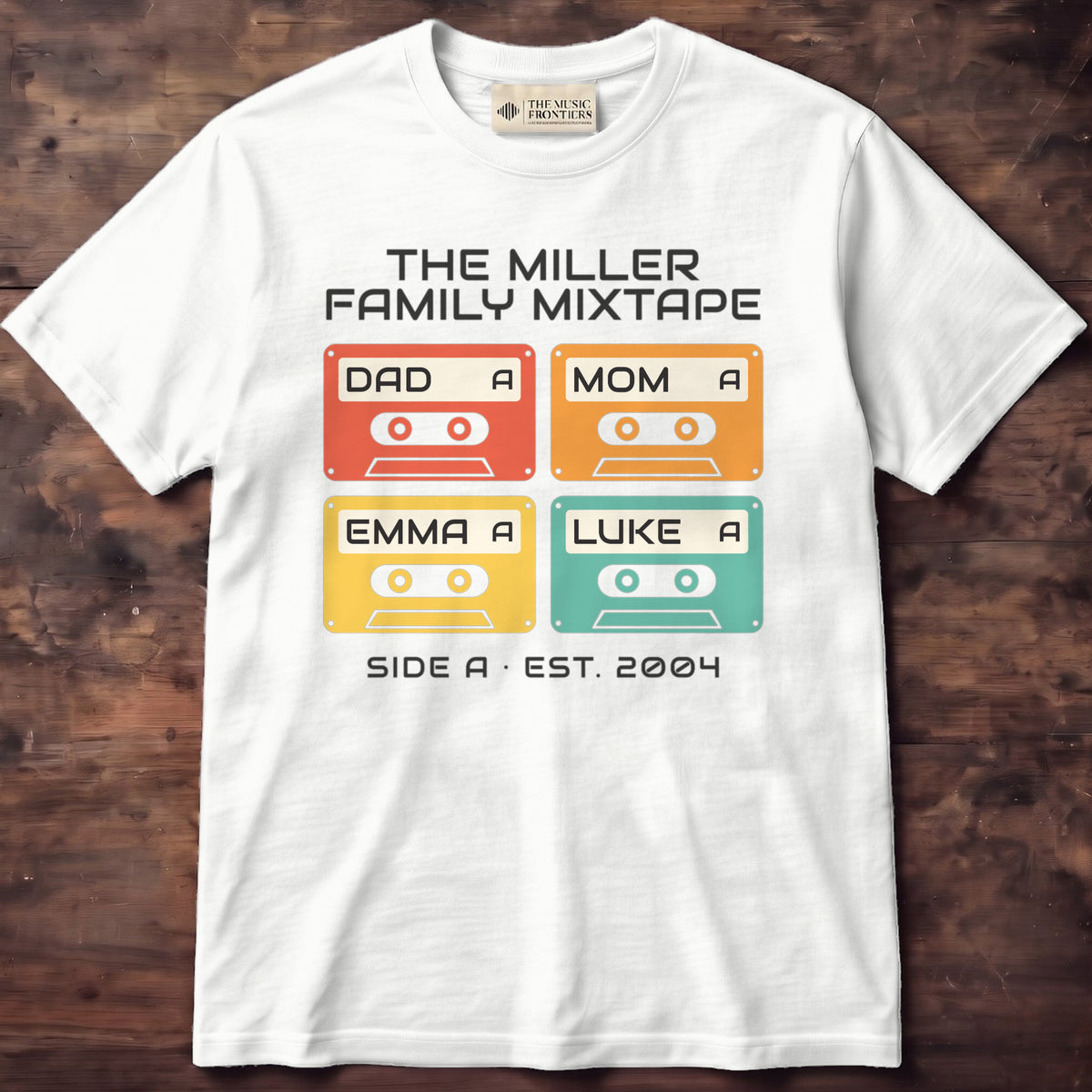 White Comfort Colors t-shirt with the personalized Family Mixtape Cassette with Names design
