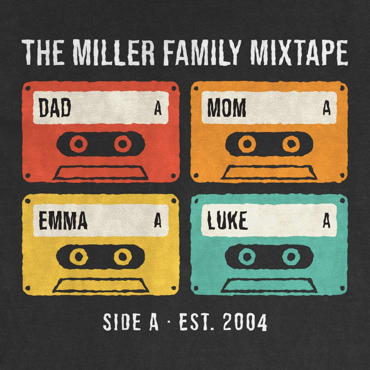Family Mixtape Personalized Cassette Shirt with Names - close-up of the print on the black shirt