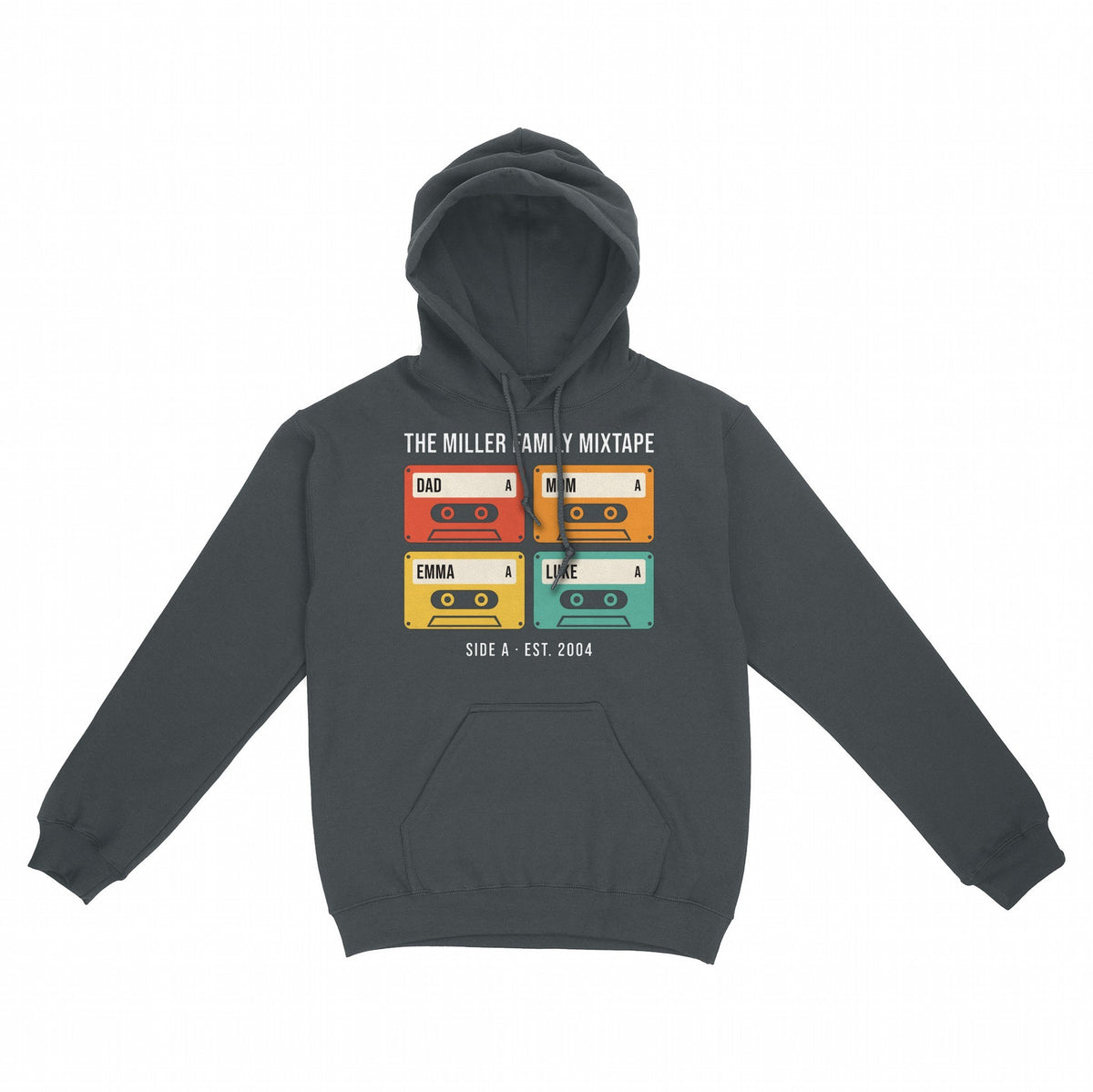 Family Mixtape Personalized Cassette Shirt with Names - Charcoal hoodie, front