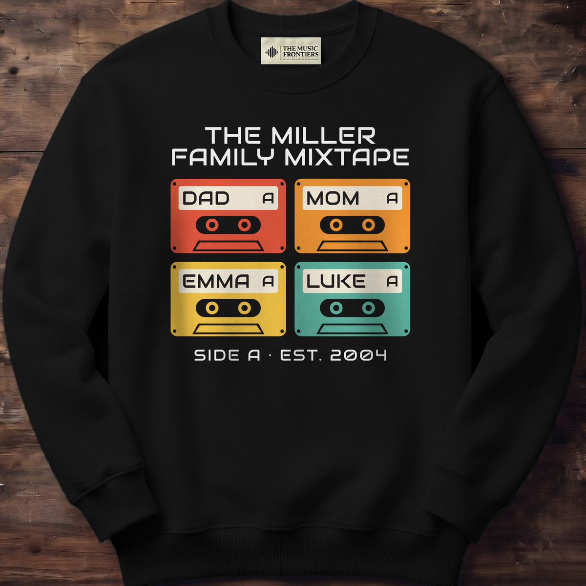 Black sweatshirt with the personalized Family Mixtape Cassette with Names design