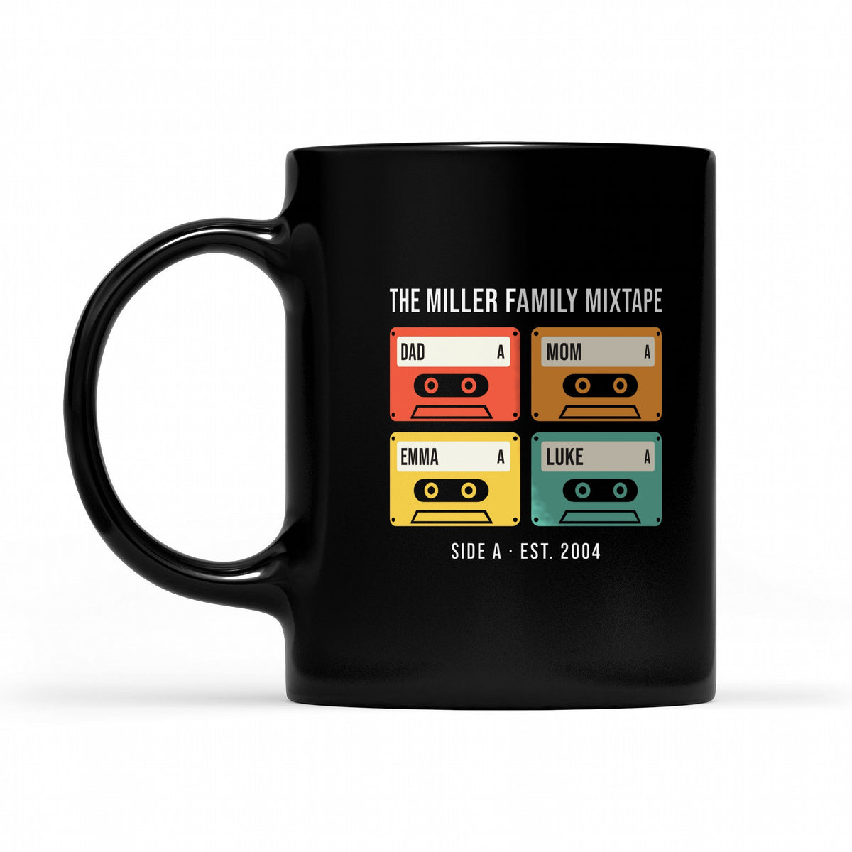 Family Mixtape Personalized Cassette Shirt with Names - matching black mug