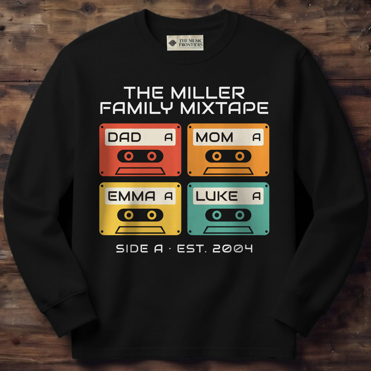 Black long sleeve shirt with the personalized Family Mixtape Cassette with Names design