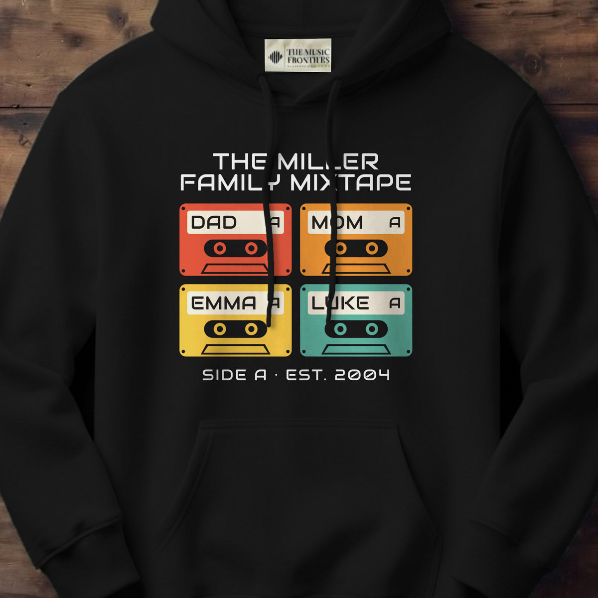 Black hoodie with the personalized Family Mixtape Cassette with Names design