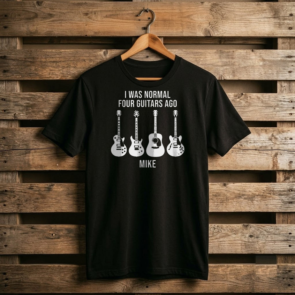 Black I Was Normal Three Guitars Ago shirt with white guitar silhouettes