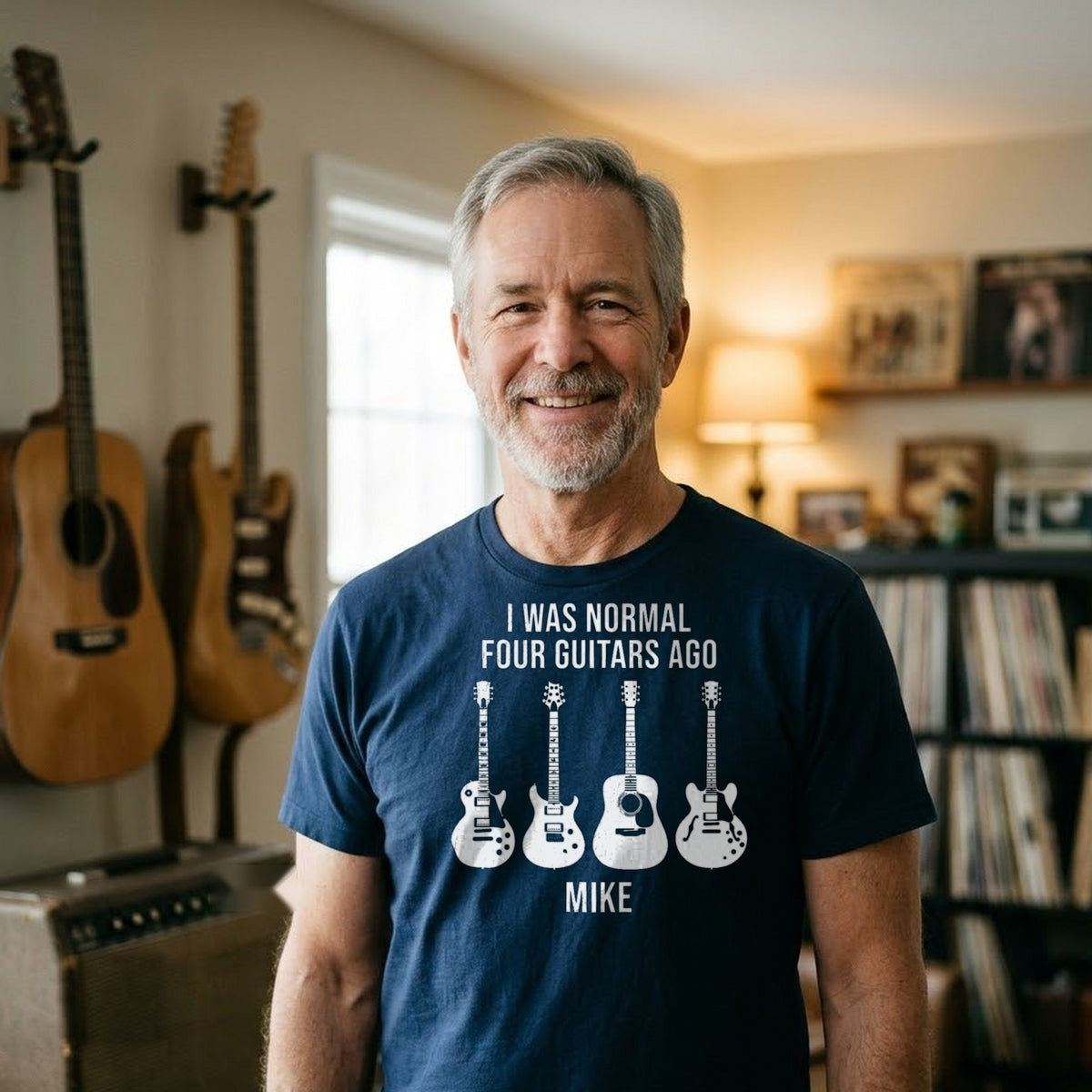 I Was Normal Guitars Ago Personalized Shirt, Funny Guitarist Gift - man wearing the navy T-shirt