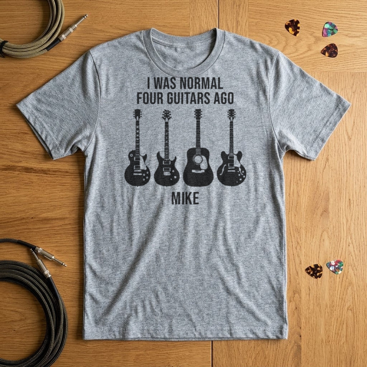 I Was Normal Guitars Ago Personalized Shirt, Funny Guitarist Gift - Sport Grey T-shirt flat lay