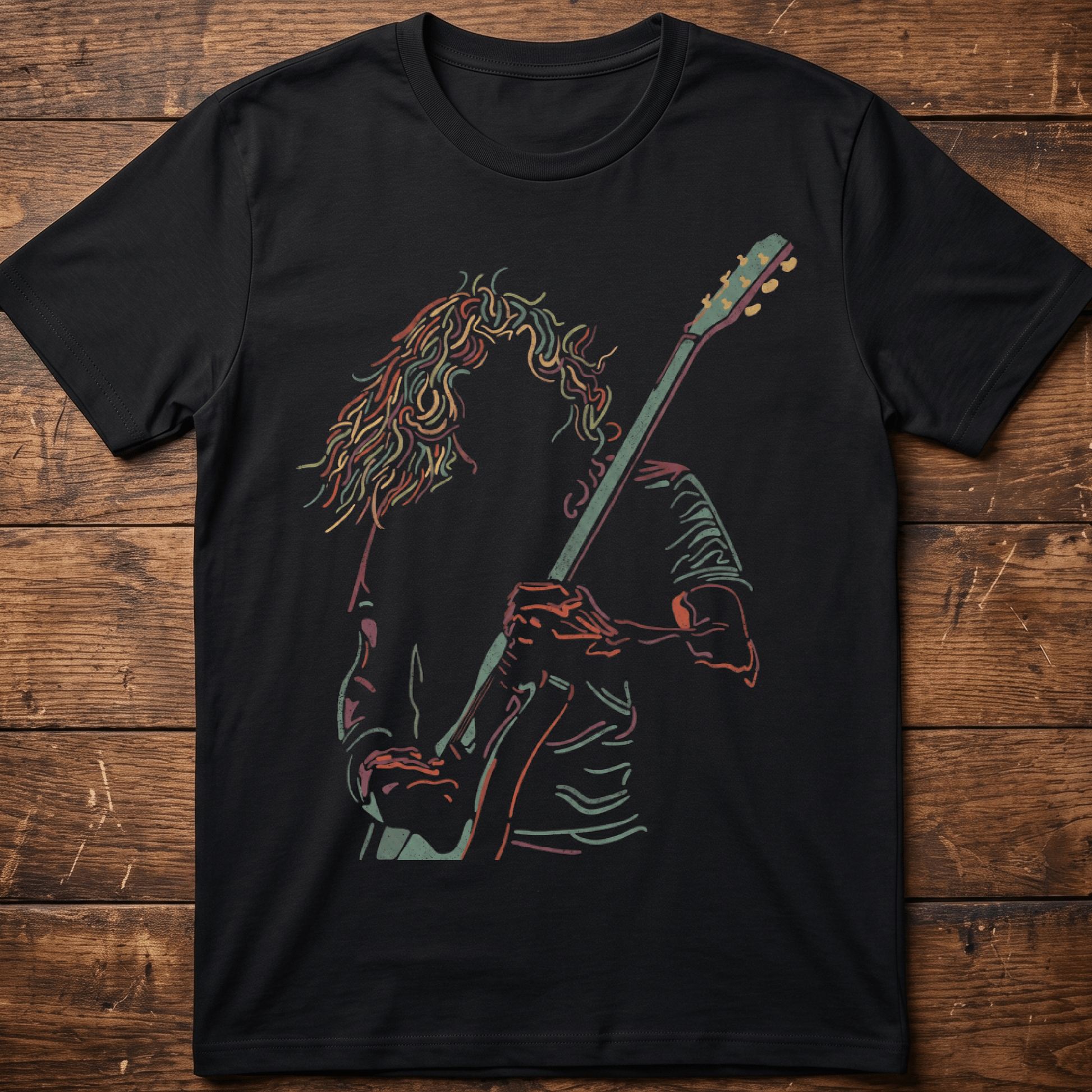 Neon Retro Guitarist Line Art T-shirt - The Music Frontiers